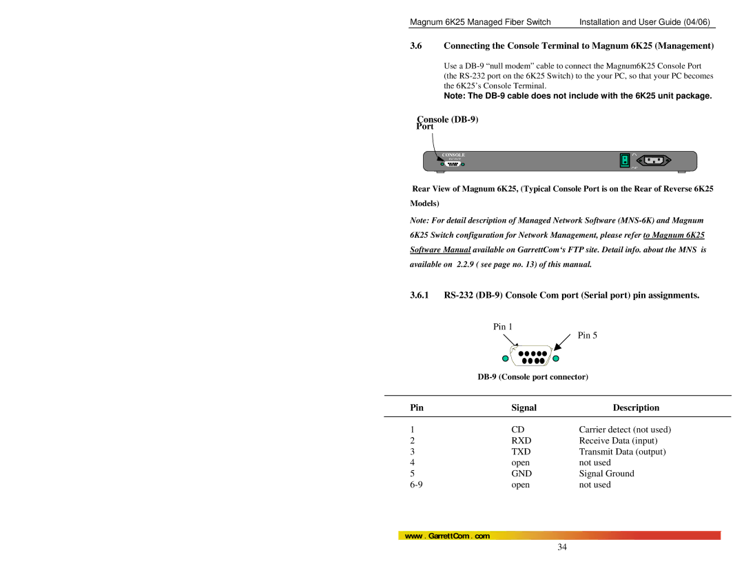 GarrettCom manual Connecting the Console Terminal to Magnum 6K25 Management, Console DB-9 Port, Pin Signal Description 