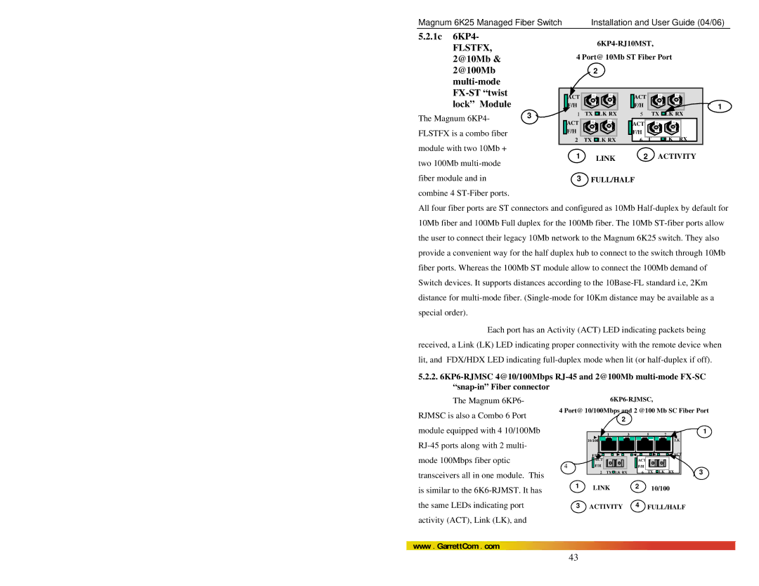 GarrettCom 6K25 manual 1c 6KP4, @10Mb @100Mb Multi-mode FX-ST twist, Lock Module 