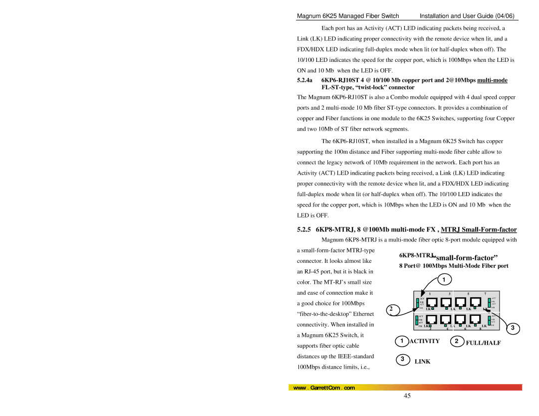 GarrettCom 6K25 manual Port@ 100Mbps Multi-Mode Fiber port, Distances up the IEEE-standard, 100Mbps distance limits, i.e 