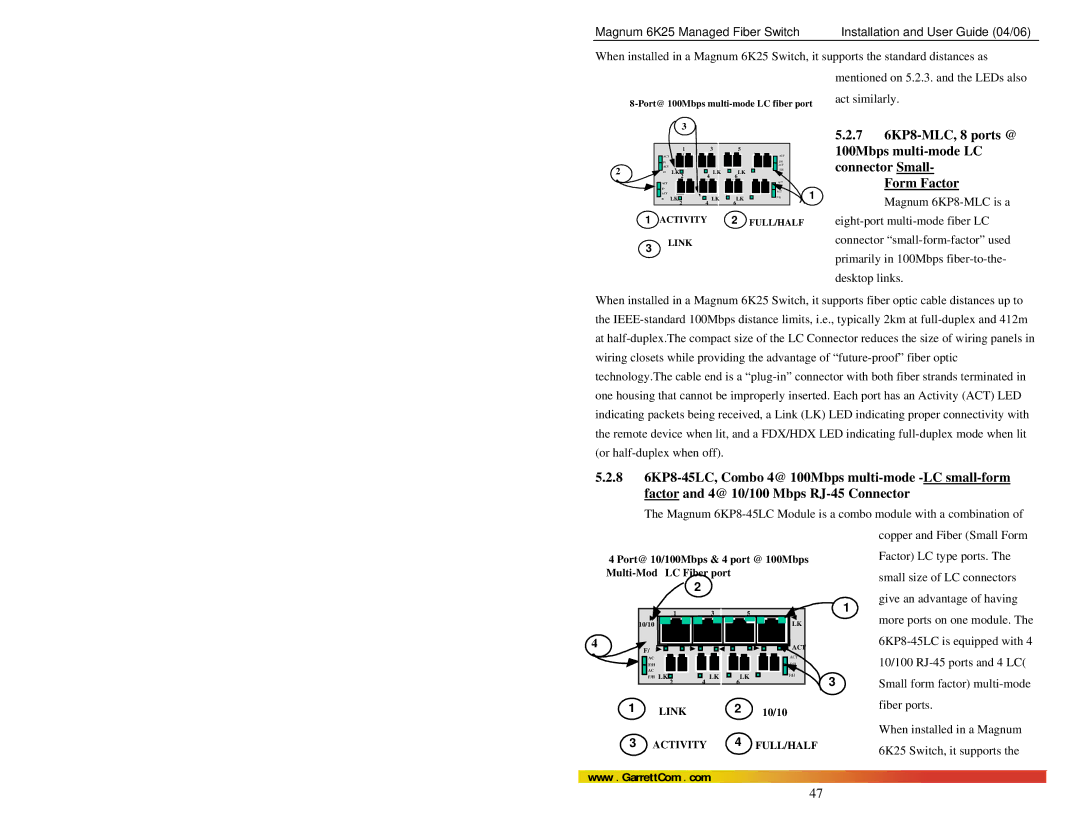 GarrettCom 6K25 manual 6KP8-MLC, 8 ports @, 100Mbps multi-mode LC, Connector Small, Form Factor 
