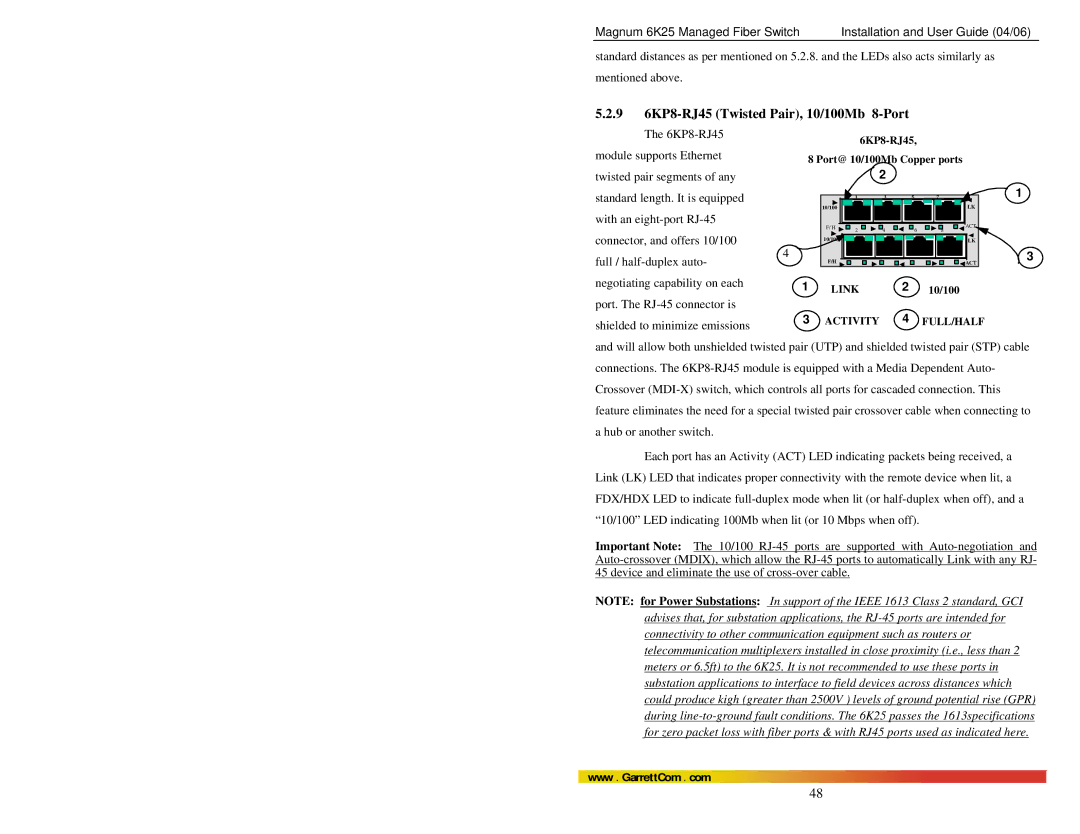 GarrettCom 6K25 manual 9 6KP8-RJ45 Twisted Pair, 10/100Mb 8-Port 