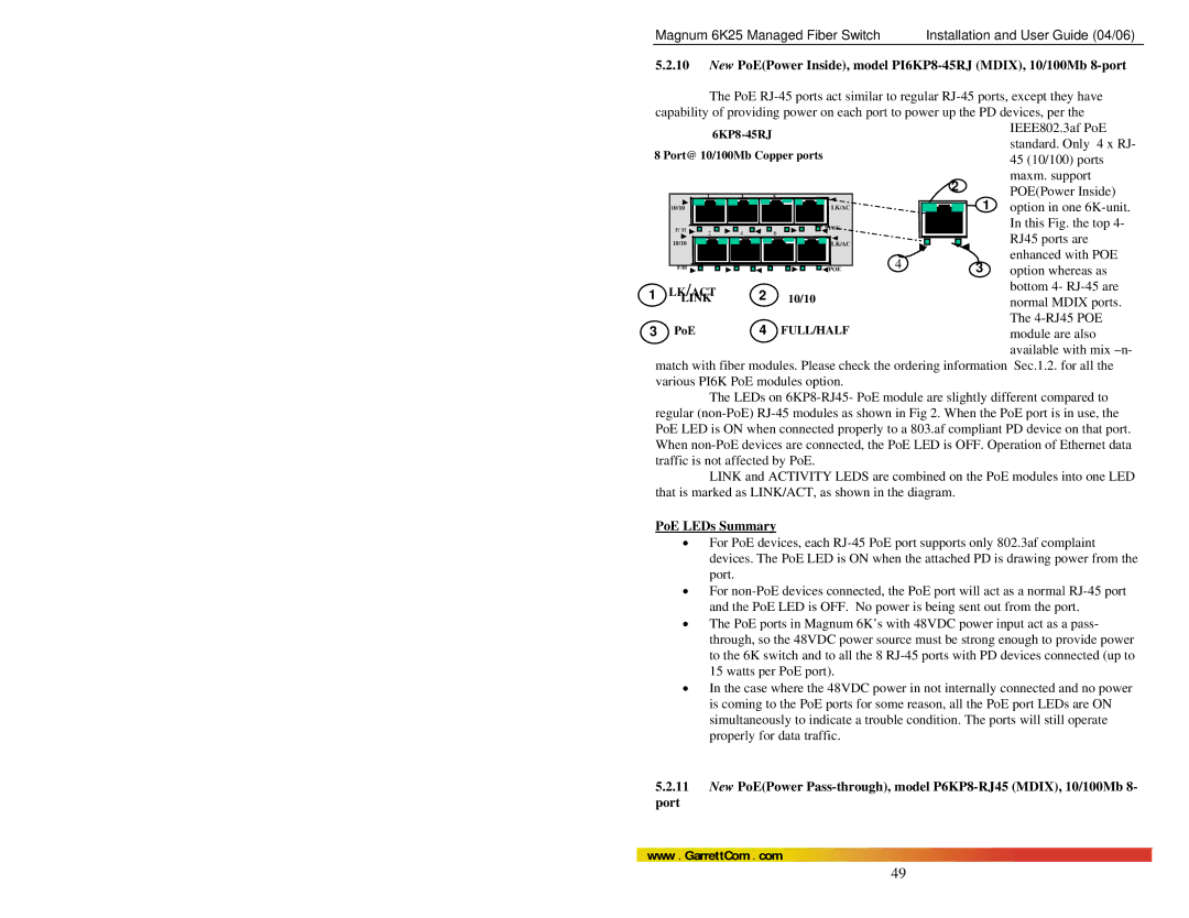 GarrettCom 6K25 manual New PoEPower Inside, model PI6KP8-45RJ MDIX, 10/100Mb 8-port, PoE LEDs Summary 