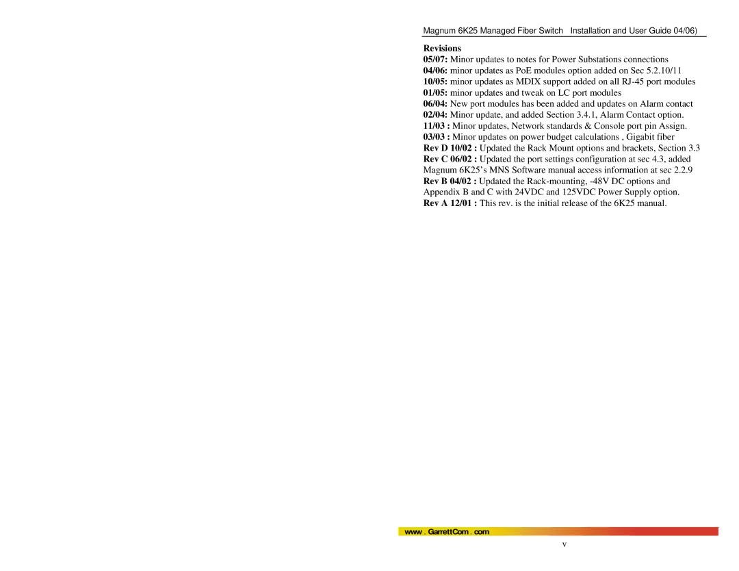 GarrettCom 6K25 manual Revisions 