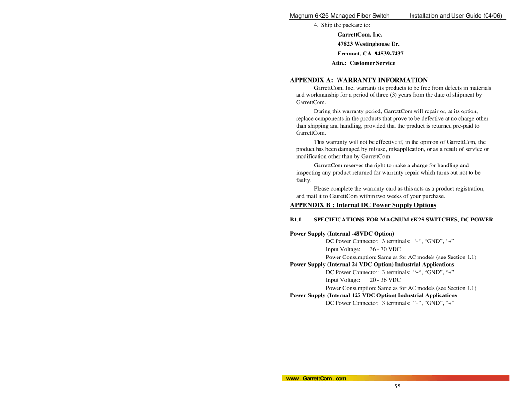 GarrettCom 6K25 manual Appendix a Warranty Information, Appendix B Internal DC Power Supply Options 