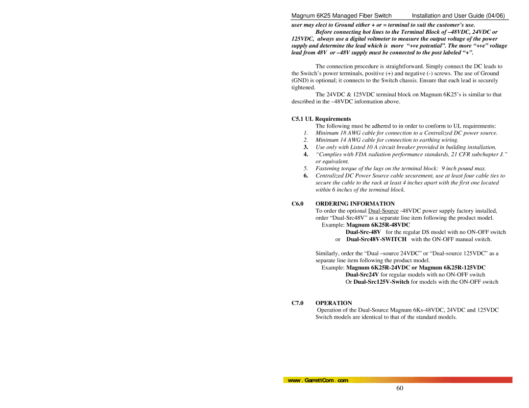 GarrettCom manual C5.1 UL Requirements, Example Magnum 6K25R-48VDC, Example Magnum 6K25R-24VDC or Magnum 6K25R-125VDC 