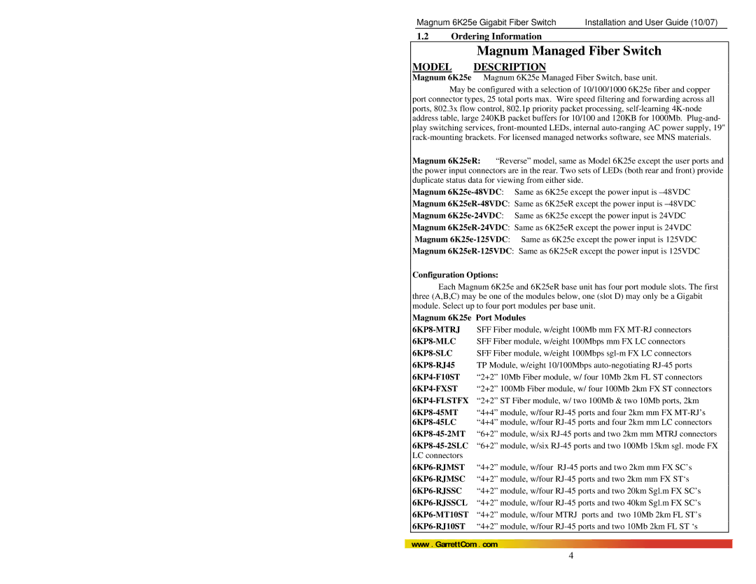 GarrettCom 6K25e manual Ordering Information 