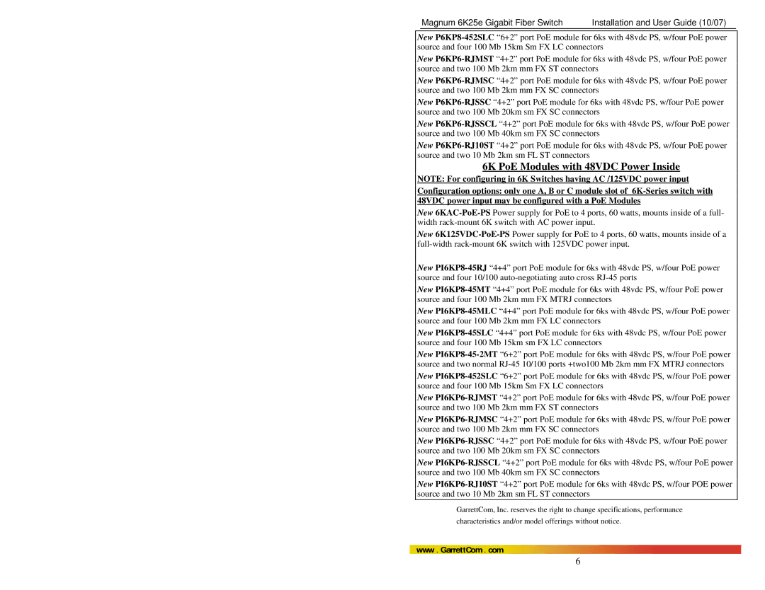 GarrettCom 6K25e manual 6K PoE Modules with 48VDC Power Inside 