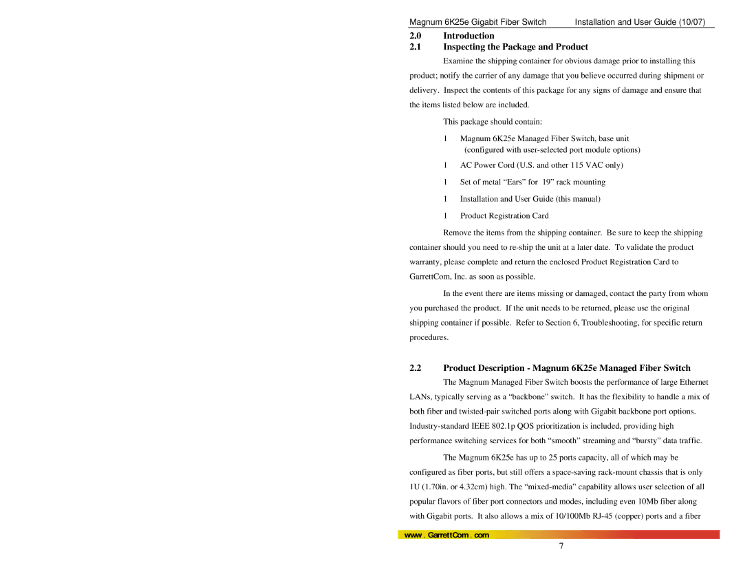 GarrettCom manual Introduction Inspecting the Package and Product, Product Description Magnum 6K25e Managed Fiber Switch 