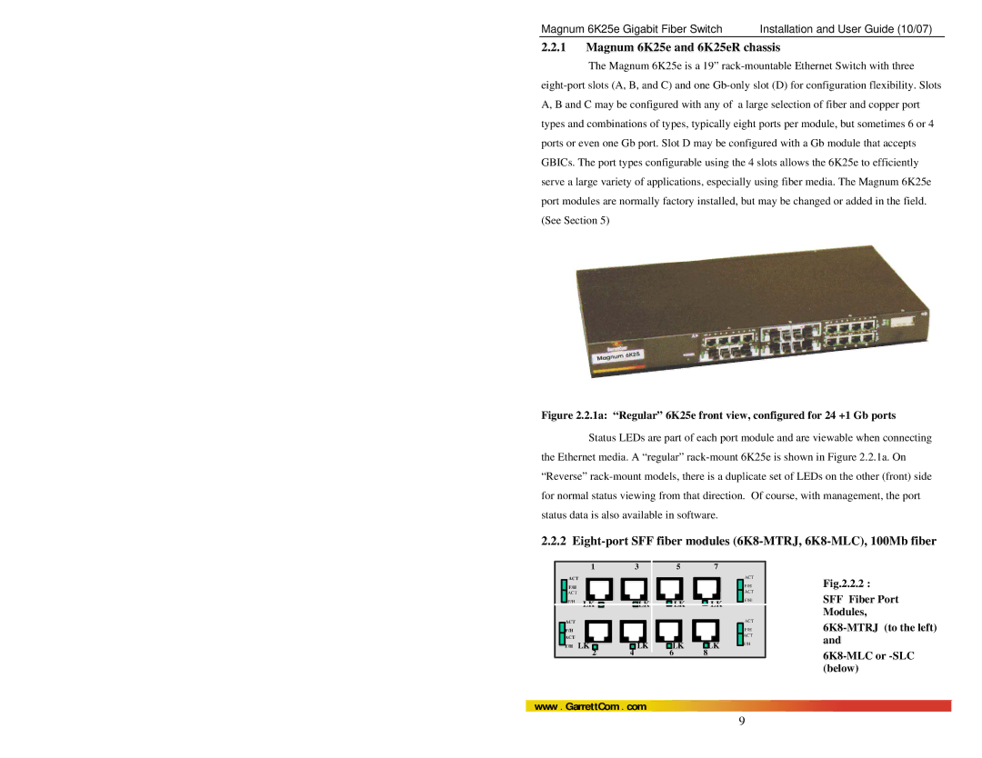 GarrettCom manual Magnum 6K25e and 6K25eR chassis, Eight-port SFF fiber modules 6K8-MTRJ, 6K8-MLC, 100Mb fiber 