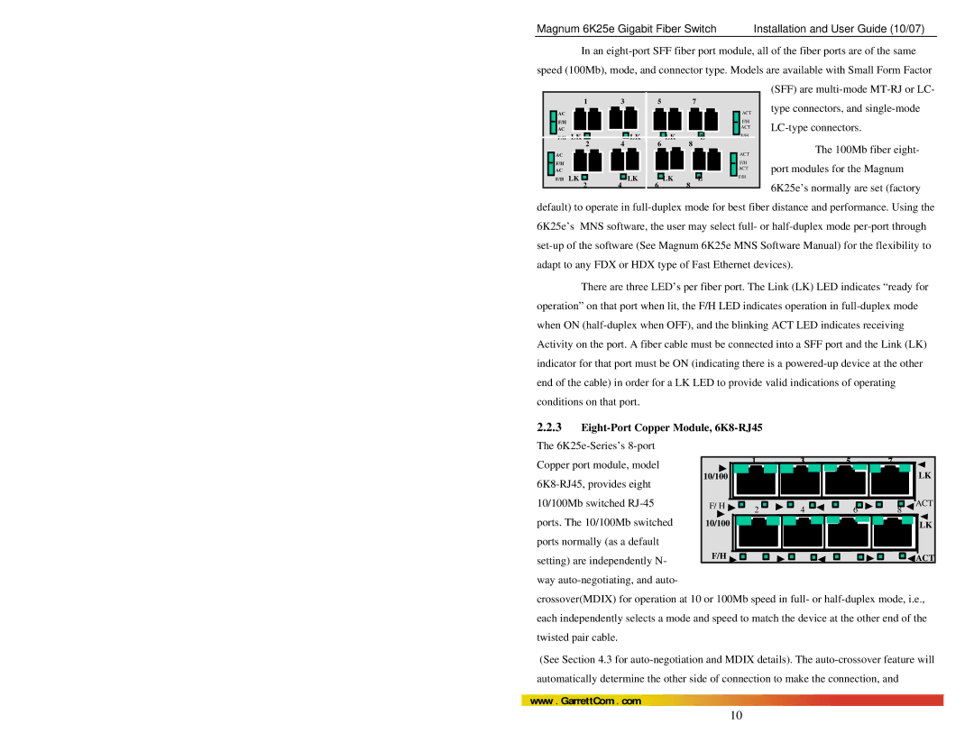 GarrettCom 6K25e manual 100Mb fiber eight, Port modules for the Magnum 