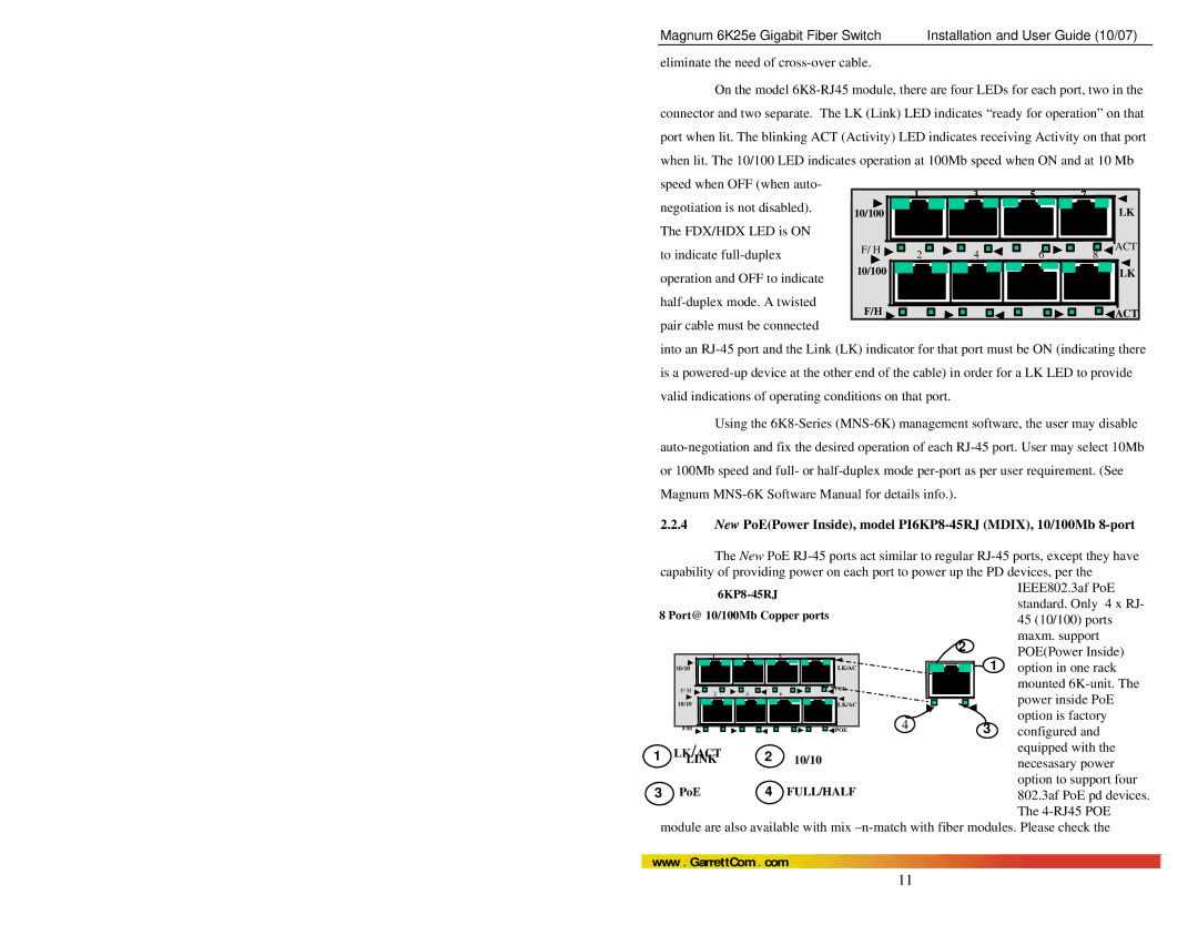 GarrettCom 6K25e manual New PoEPower Inside, model PI6KP8-45RJ MDIX, 10/100Mb 8-port 