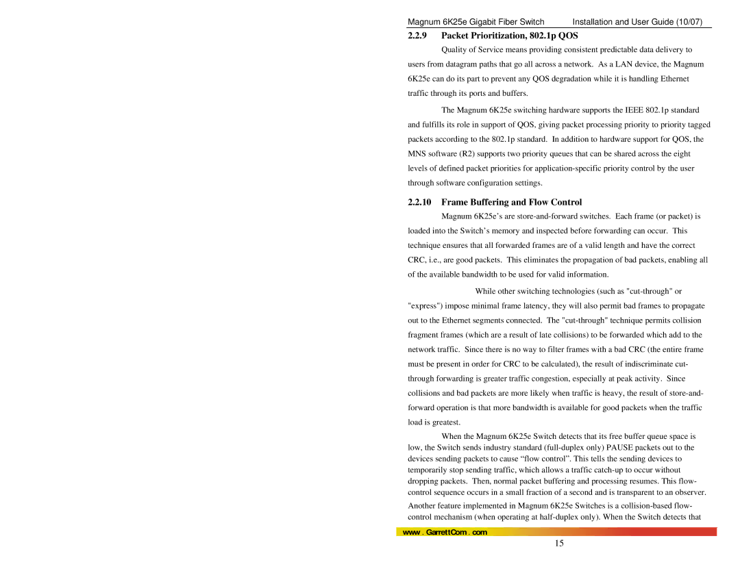 GarrettCom 6K25e manual Packet Prioritization, 802.1p QOS, Frame Buffering and Flow Control 