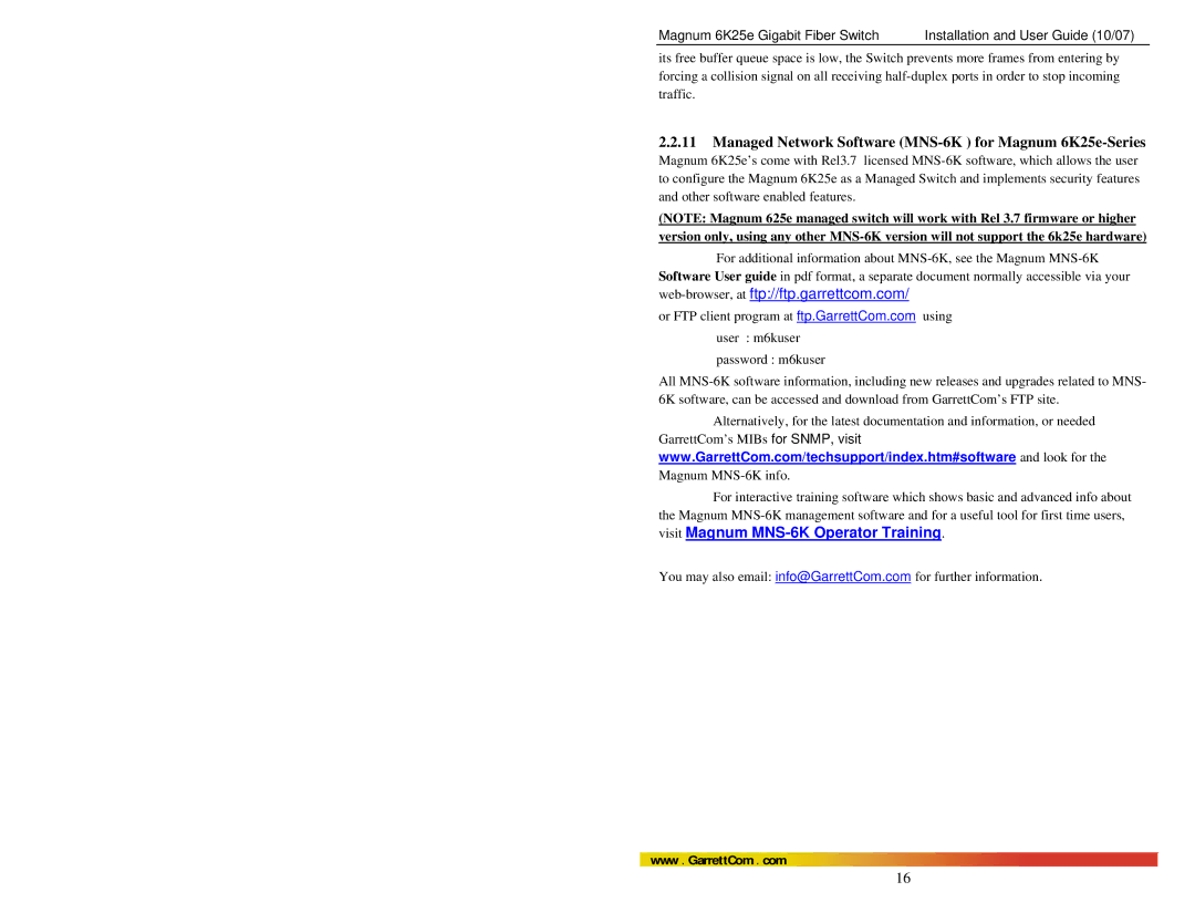 GarrettCom manual Managed Network Software MNS-6K for Magnum 6K25e-Series, Web-browser, at ftp//ftp.garrettcom.com 