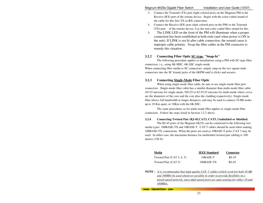 GarrettCom 6K25e manual Connecting Fiber Optic SC-type, Snap-In, Connecting Single-Mode Fiber Optic, Media Ieee Standard 