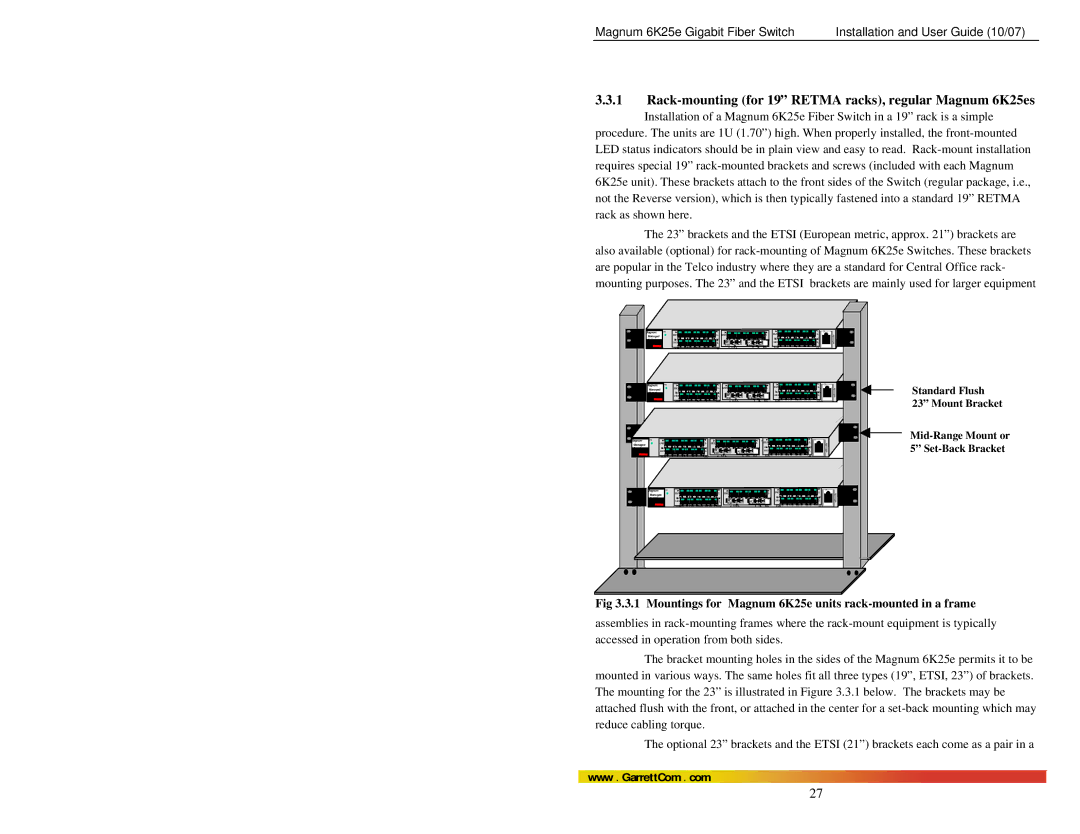 GarrettCom manual Rack-mounting for 19 Retma racks, regular Magnum 6K25es 