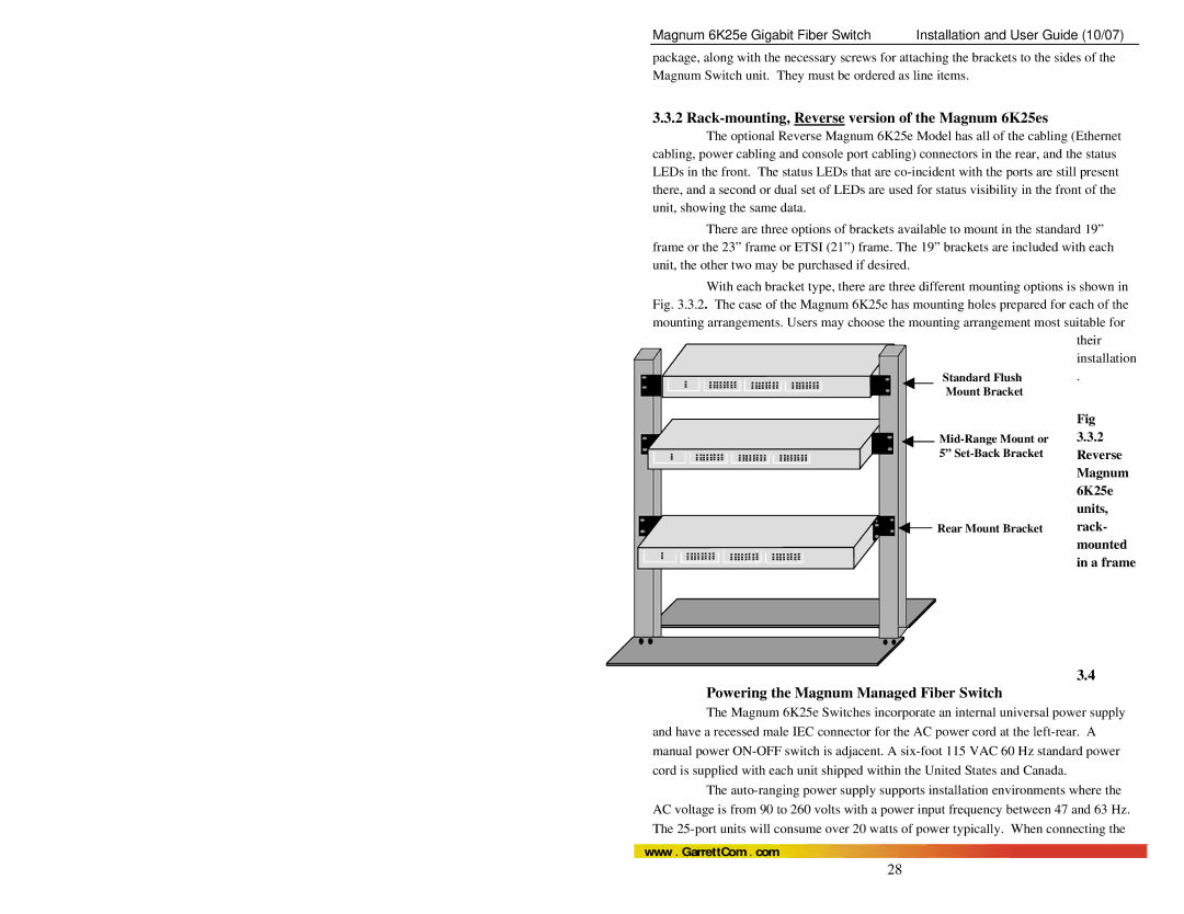 GarrettCom manual Rack-mounting, Reverse version of the Magnum 6K25es, Powering the Magnum Managed Fiber Switch 