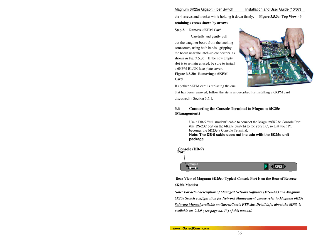 GarrettCom manual Connecting the Console Terminal to Magnum 6K25e Management, Console DB-9 Port, Remove 6KPM Card 