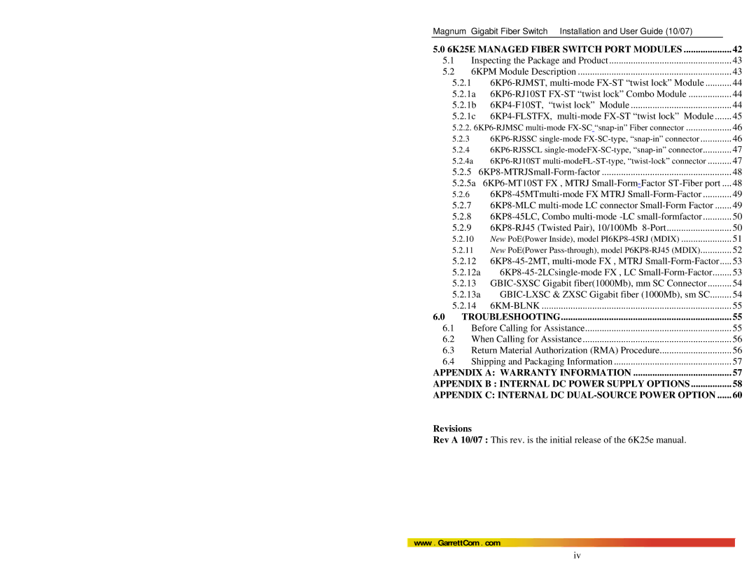 GarrettCom 6K25e manual 6K25E Managed Fiber Switch Port Modules, Revisions 