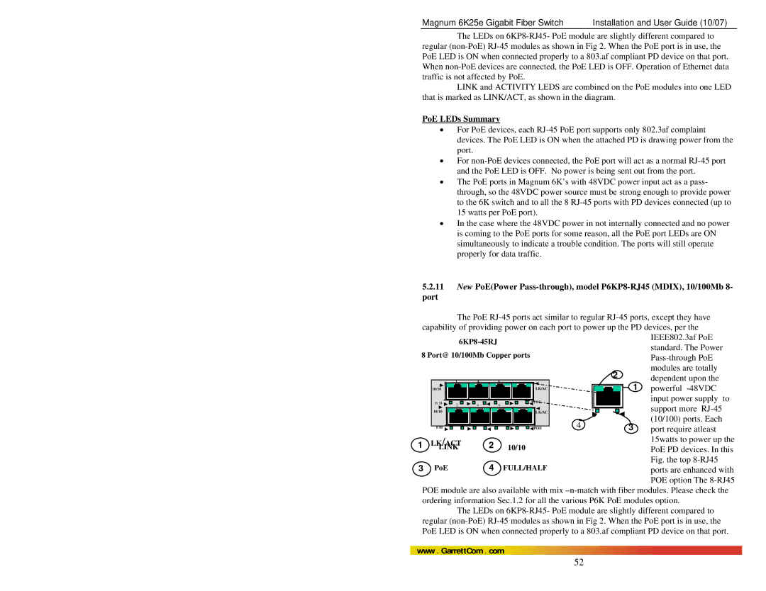 GarrettCom 6K25e manual PoE LEDs Summary, Fig. the top 8-RJ45 