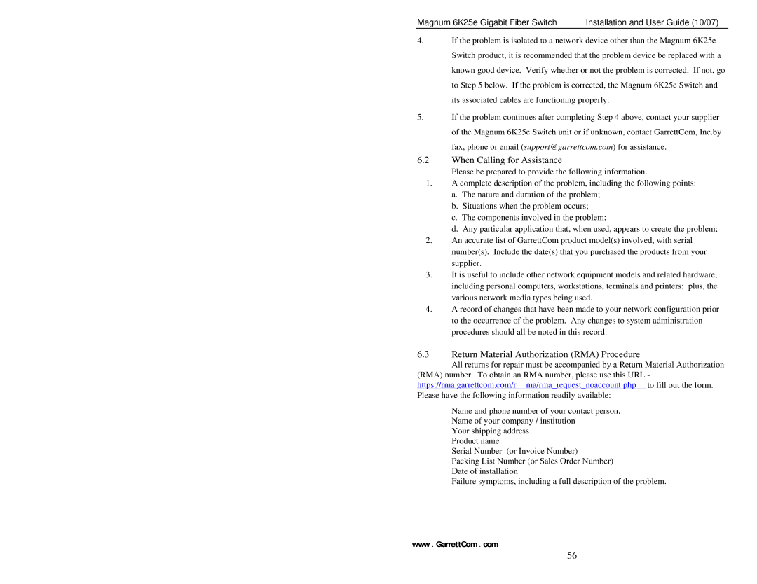 GarrettCom 6K25e manual When Calling for Assistance, Return Material Authorization RMA Procedure 