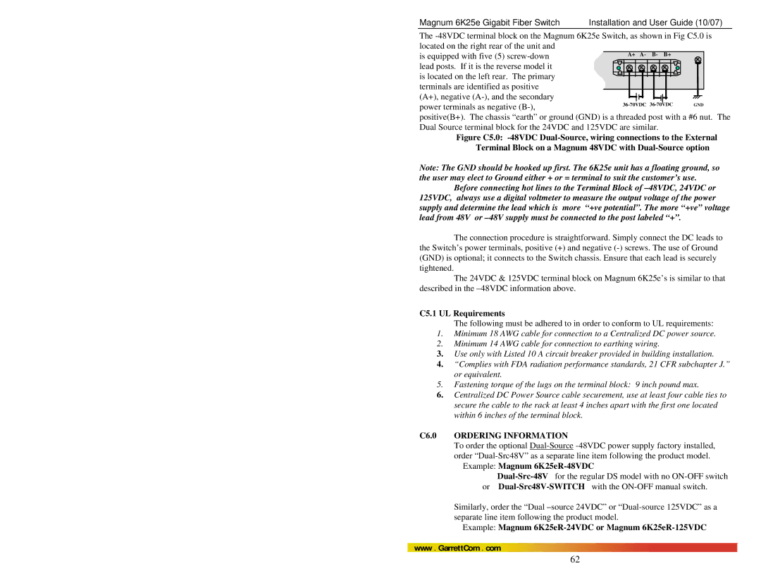 GarrettCom manual C5.1 UL Requirements, C6.0 Ordering Information, Example Magnum 6K25eR-48VDC 