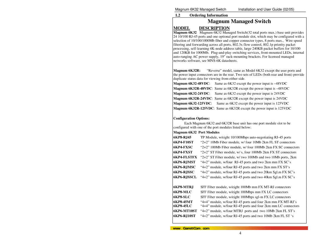 GarrettCom 6K32 manual Ordering Information 