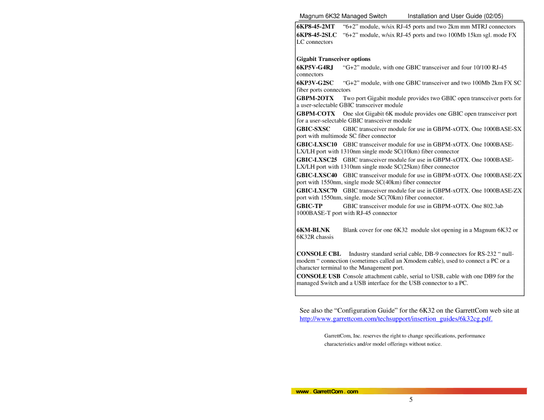 GarrettCom 6K32 manual 6KP8-45-2MT 6KP8-45-2SLC LC connectors, Gigabit Transceiver options 