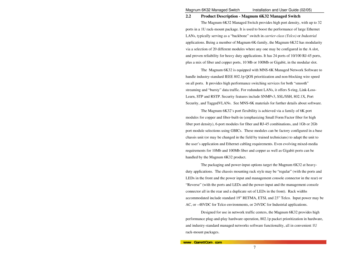 GarrettCom manual Product Description Magnum 6K32 Managed Switch 