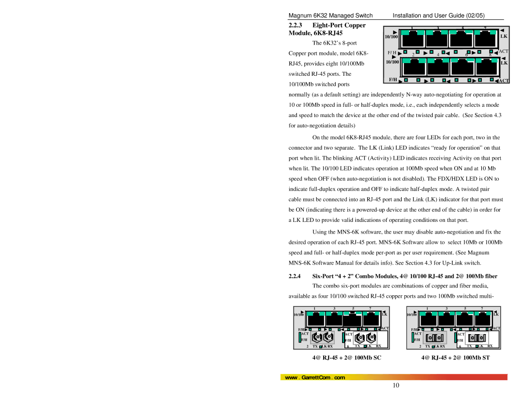 GarrettCom 6K32 manual Eight-Port Copper Module, 6K8-RJ45, @ RJ-45 + 2@ 100Mb SC, @ RJ-45 + 2@ 100Mb ST 