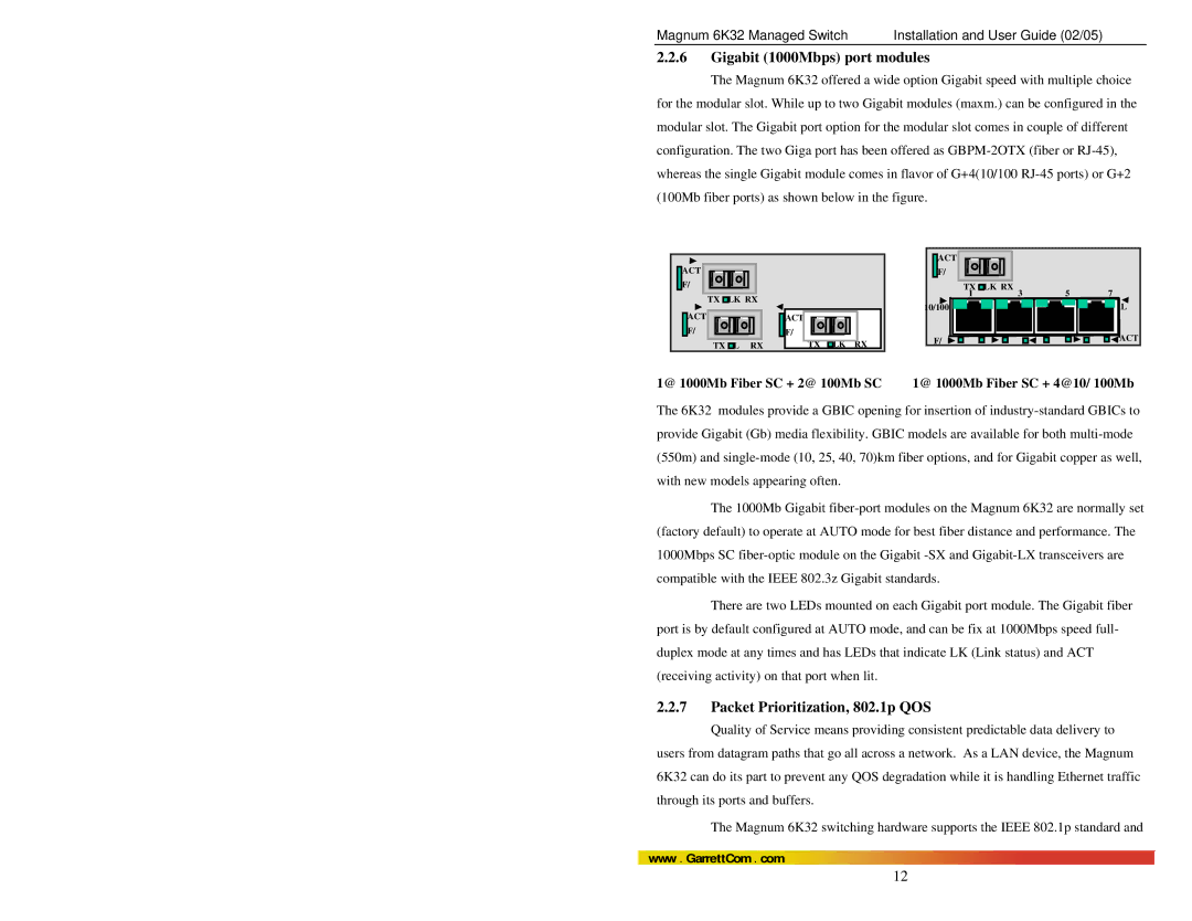 GarrettCom 6K32 manual Gigabit 1000Mbps port modules, Packet Prioritization, 802.1p QOS 