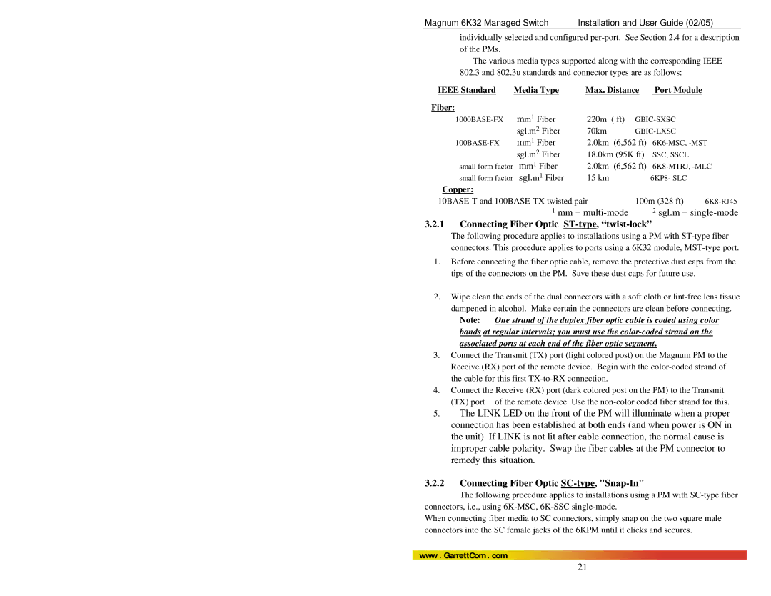 GarrettCom 6K32 manual Connecting Fiber Optic ST-type, twist-lock, Connecting Fiber Optic SC-type, Snap-In, Copper 