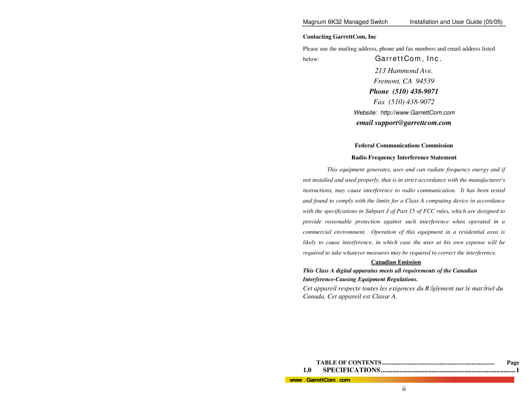 GarrettCom 6K32 manual Contacting GarrettCom, Inc, Canadian Emission, Table of Contents 