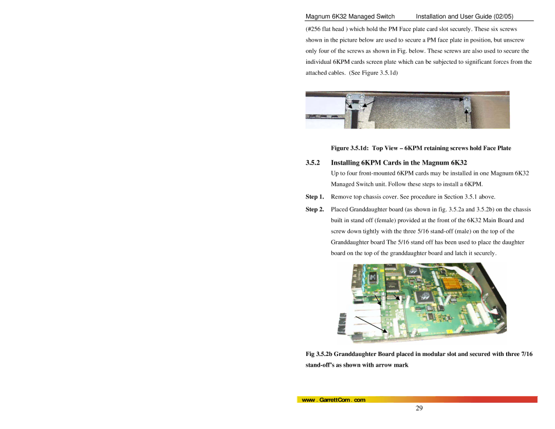 GarrettCom manual Installing 6KPM Cards in the Magnum 6K32, 1d Top View 6KPM retaining screws hold Face Plate 