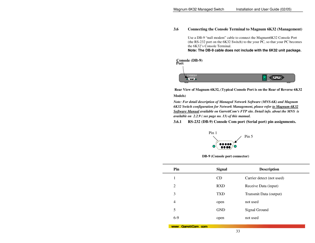 GarrettCom manual Connecting the Console Terminal to Magnum 6K32 Management, Console DB-9 Port, Pin Signal Description 