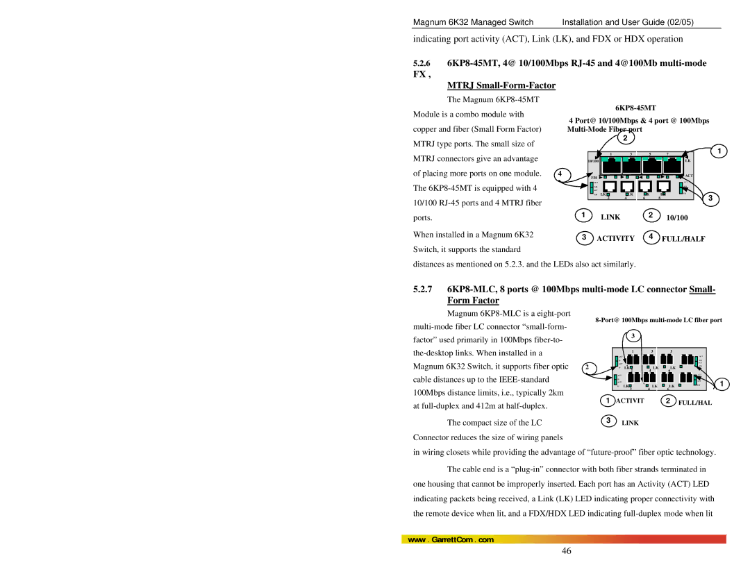 GarrettCom 6K32 manual Magnum 6KP8-45MT, Module is a combo module with, Copper and fiber Small Form Factor 