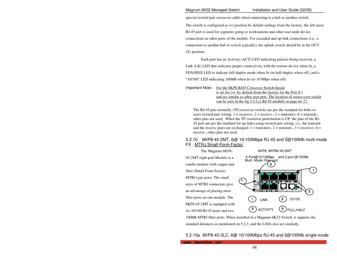 GarrettCom 6K32 manual 10a 6KP8-45-2LC, 6@ 10/100Mbps RJ-45 and 2@100Mb single-mode 