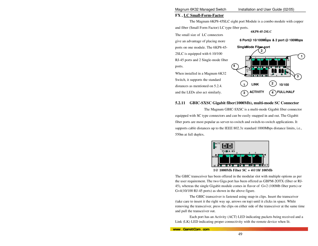 GarrettCom 6K32 manual FX , LC Small-Form-Factor, GBIC-SXSC Gigabit fiber1000Mb, multi-mode SC Connector 