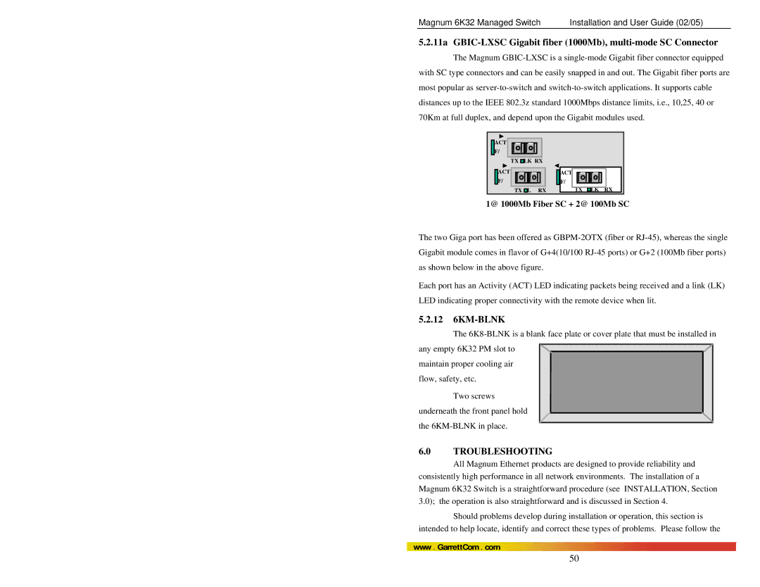 GarrettCom 6K32 11a GBIC-LXSC Gigabit fiber 1000Mb, multi-mode SC Connector, 12 6KM-BLNK, @ 1000Mb Fiber SC + 2@ 100Mb SC 