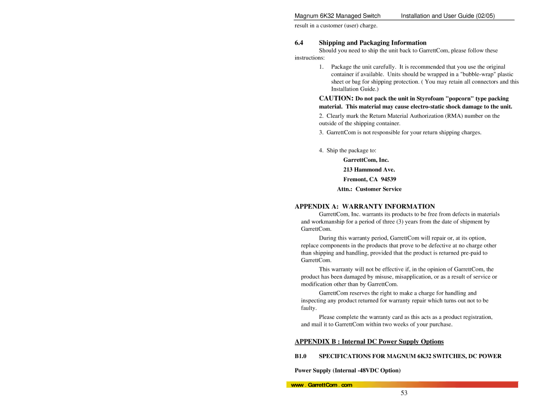 GarrettCom 6K32 manual Shipping and Packaging Information, Appendix B Internal DC Power Supply Options 