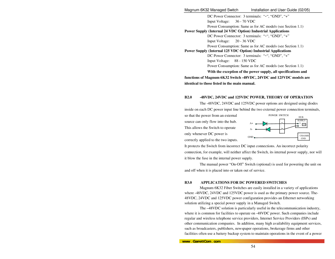 GarrettCom 6K32 Power Supply Internal 125 VDC Option Industrial Applications, B3.0 Applications for DC Powered Switches 