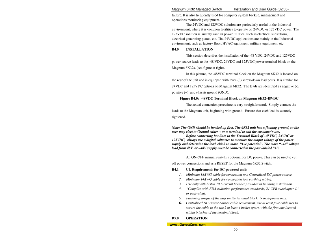 GarrettCom 6K32 manual B4.0 Installation, B4.1 UL Requirements for DC-powered units, B5.0 Operation 