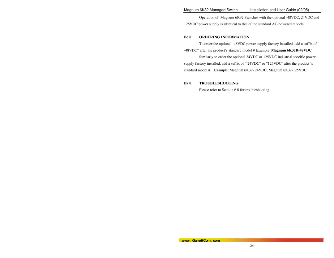 GarrettCom 6K32 manual B6.0 Ordering Information, B7.0 Troubleshooting 