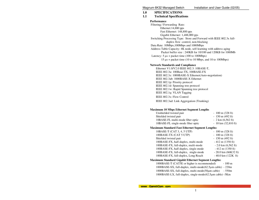 GarrettCom 6K32 manual Technical Specifications 