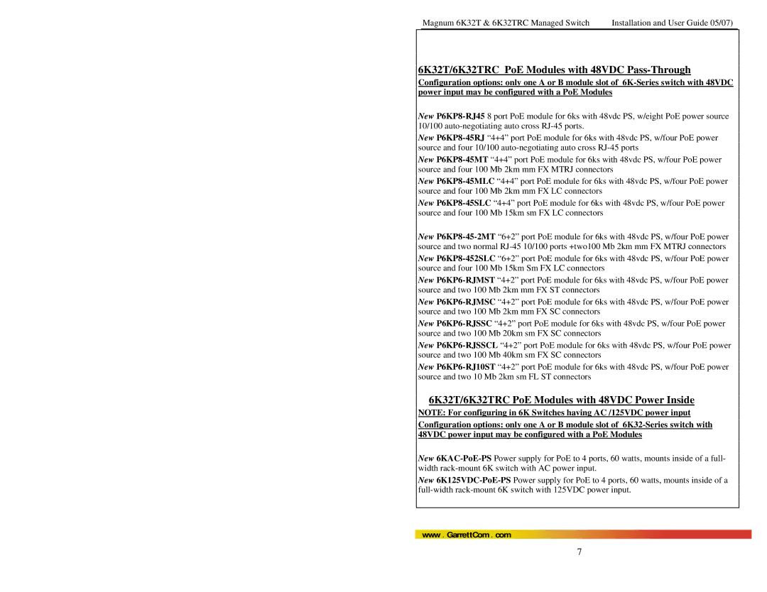 GarrettCom user manual 6K32T/6K32TRC PoE Modules with 48VDC Pass-Through 