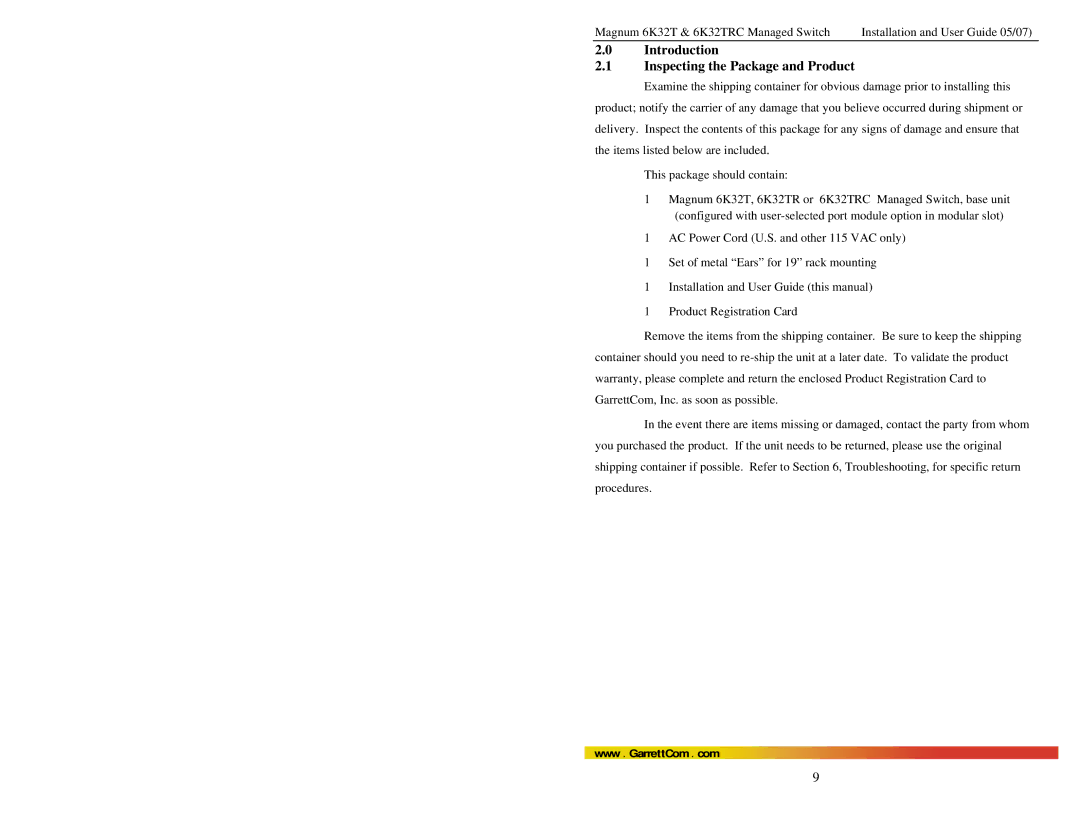 GarrettCom 6K32TRC user manual Introduction Inspecting the Package and Product 