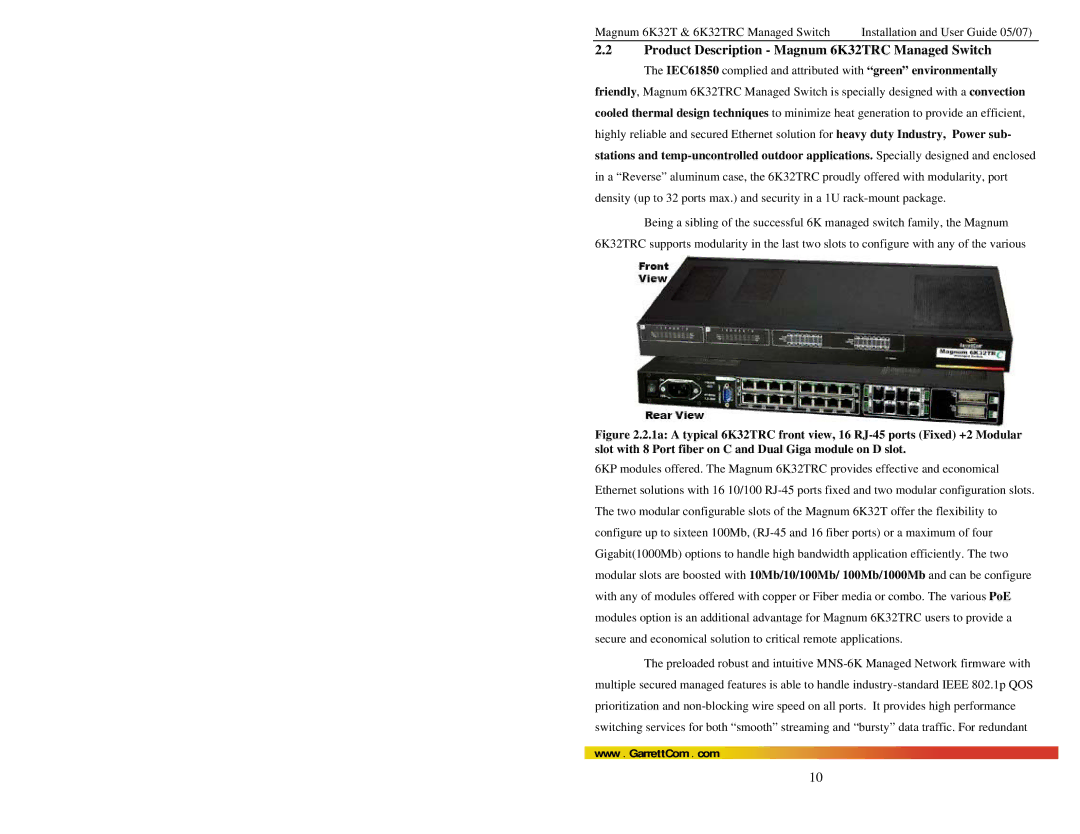 GarrettCom user manual Product Description Magnum 6K32TRC Managed Switch 