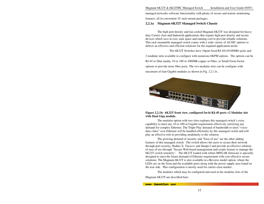 GarrettCom 6K32TRC user manual 1a Magnum 6K32T Managed Switch Chassis 