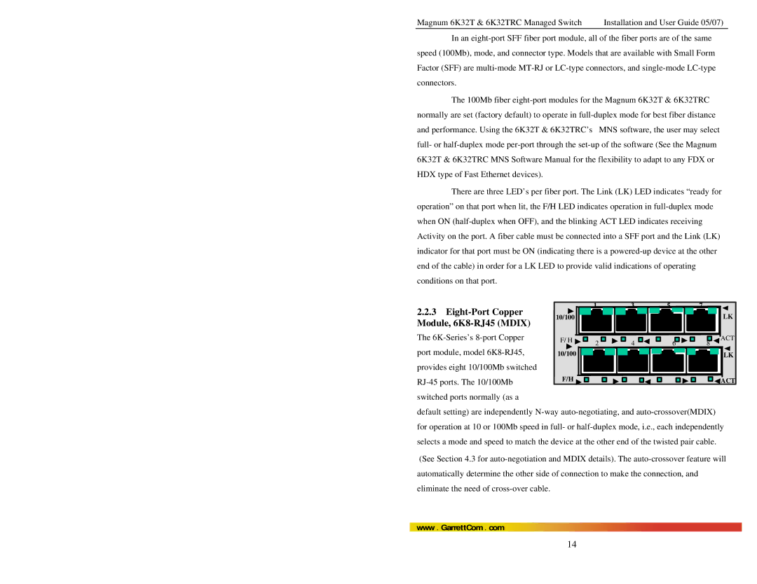 GarrettCom 6K32TRC user manual Eight-Port Copper, Module, 6K8-RJ45 Mdix 