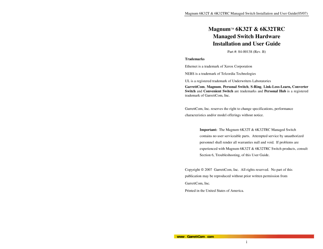 GarrettCom 6K32TRC user manual Trademarks 