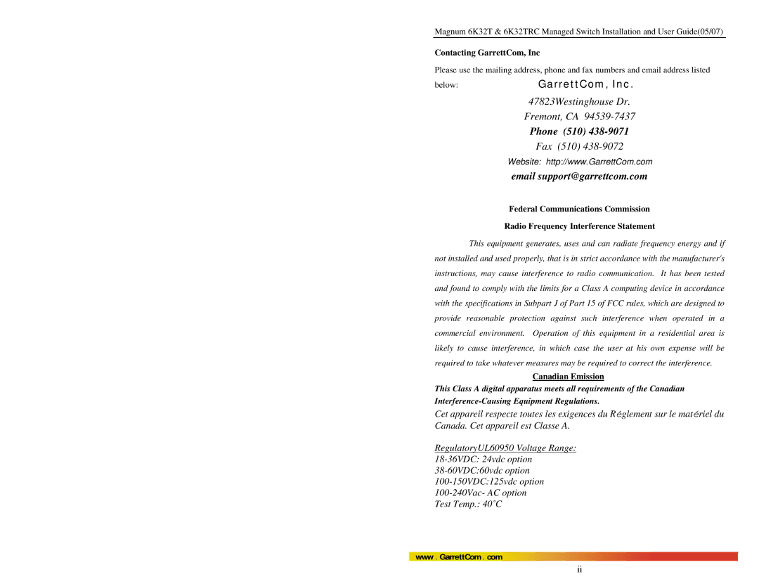 GarrettCom 6K32TRC user manual Contacting GarrettCom, Inc, Canadian Emission 